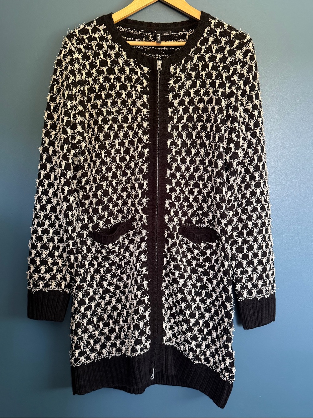 Ethyl Zip Knit Black & White Long Cardigan